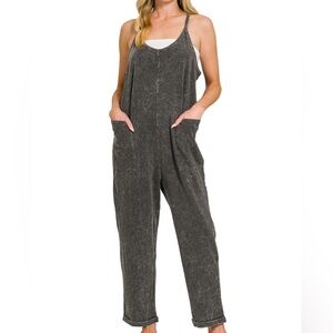 Washed Spaghetti Straps Overalls with Pockets - Ash Black